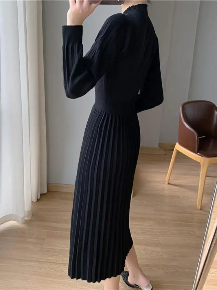 Autumn Lady Fashion Black Half High Collar Knit Long Dress White Temperament Long Sleeve Elegant Ladies Pink Evening Party Dress