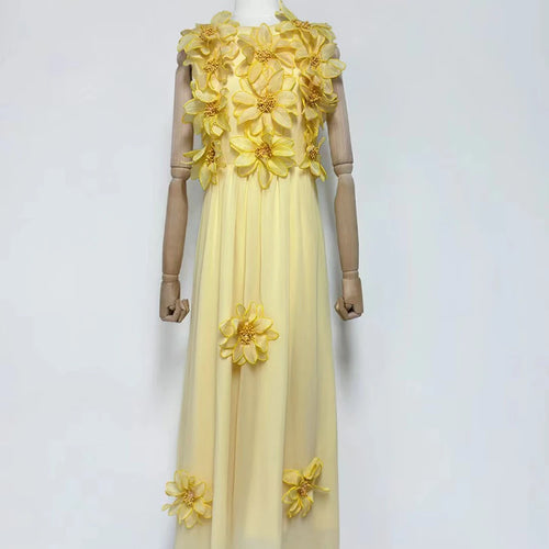 Load image into Gallery viewer, Solid Spliced 3D Flower Elegant Long Dresses for Women Round Neck Sleeveless High Waist Dress Female Clothing New
