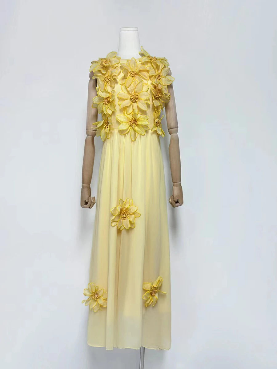 Solid Spliced 3D Flower Elegant Long Dresses for Women Round Neck Sleeveless High Waist Dress Female Clothing New