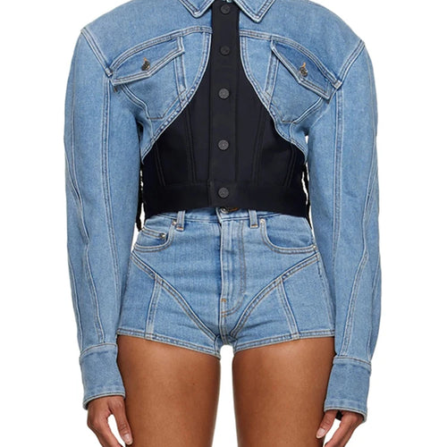 Load image into Gallery viewer, Streetwear Hit Color Denim Jackets For Women Lapel Long Sleeve Patchwork Single Breasted Skinny Short Coats Female Fashion
