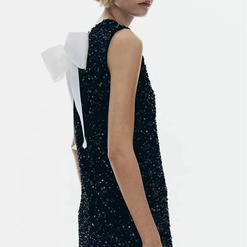 Load image into Gallery viewer, Sequins Backless Bow Sexy Mini Dress For Women Robe 2025 New Sleeveless A-line Sparkle Club Dress Elegant Vestido
