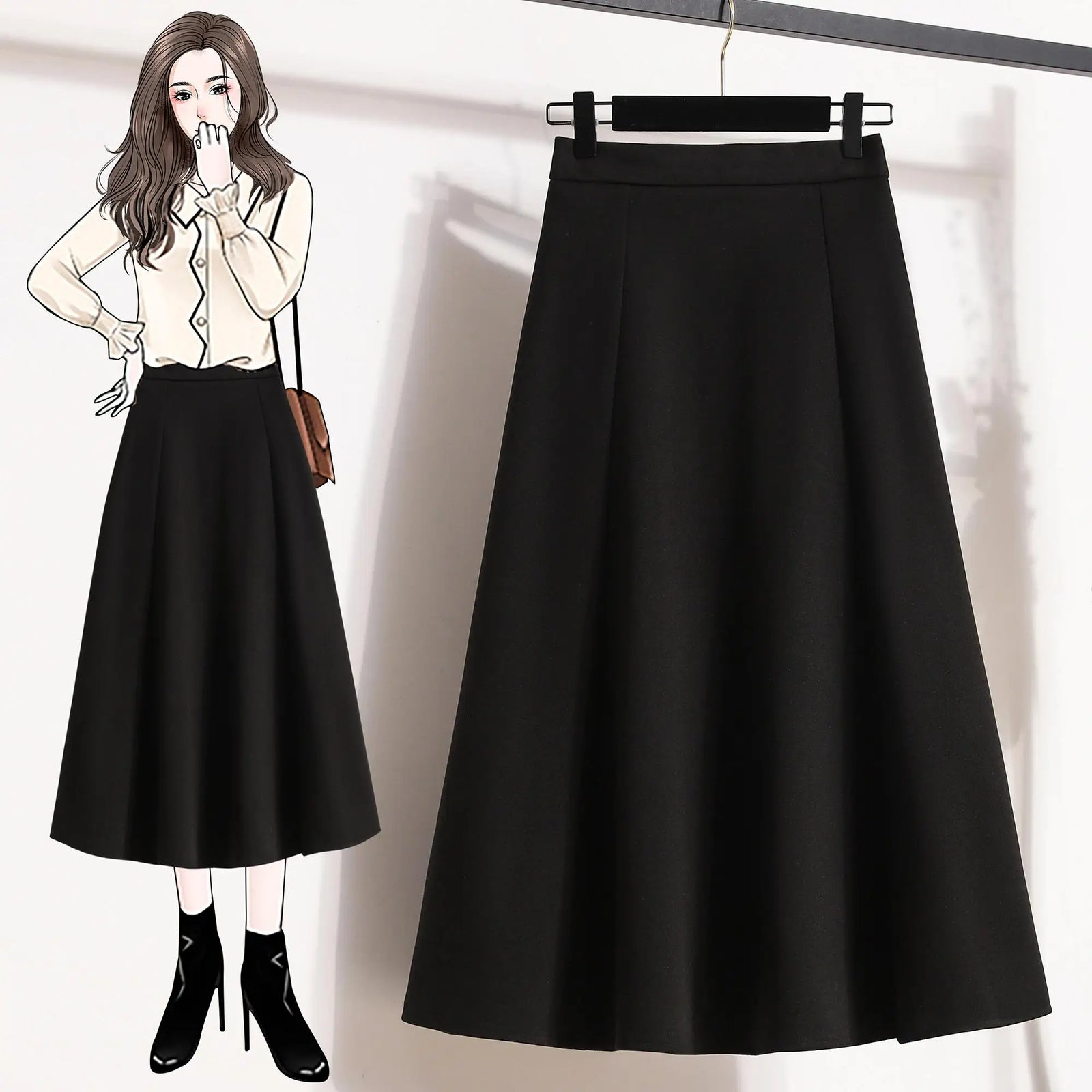 Autumn Winter Black Brown Oversized Woolen Long Skirt Women Fashion Korean Ladies Red High Waist Festival Pleated A-line Skirts