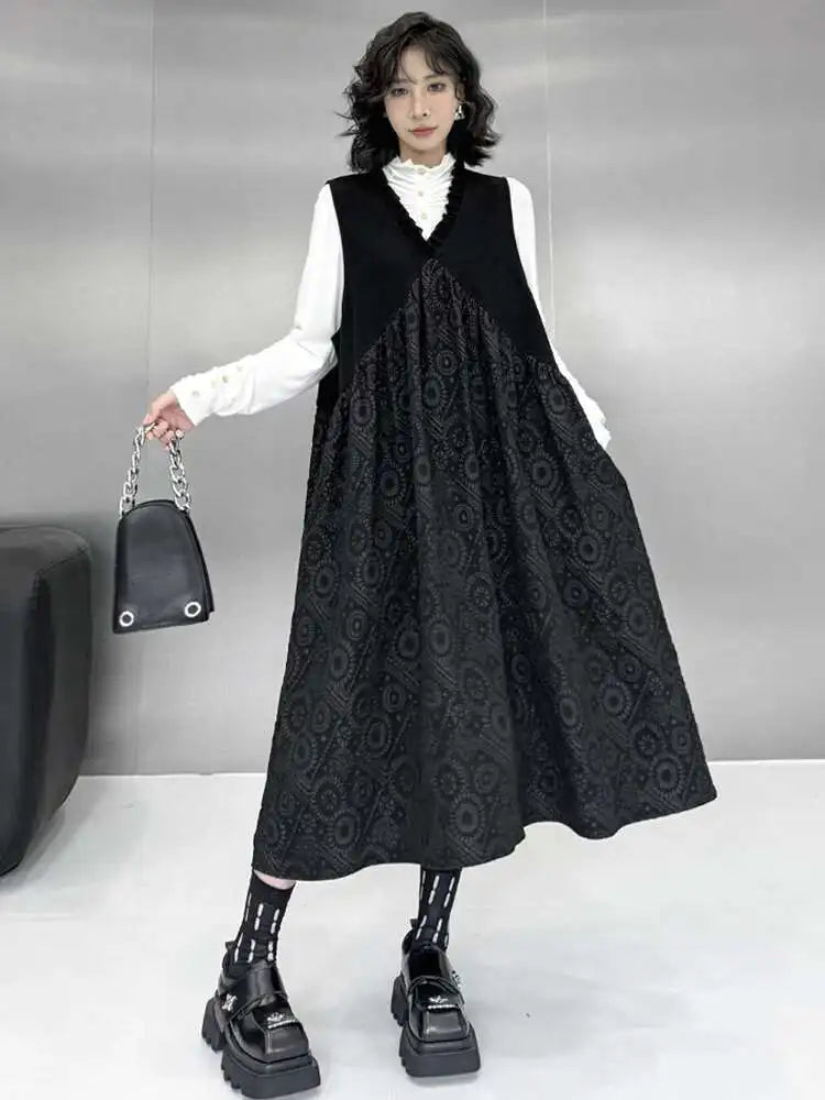 Women Black Pattern Textured Big Size Midi Vest Dress New V-Neck Sleeveless Fashion Tide Spring Autumn 2025 1DH8441