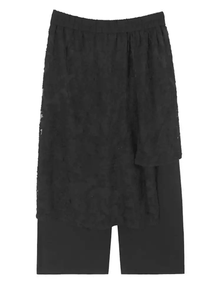 High Elastic Waist Black Lace False Two Spliced Wide Leg Pants New Trousers Women Fashion Tide Spring Autumn 2025 1DH9799