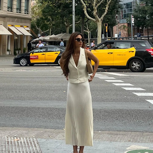 Load image into Gallery viewer, Fashion Skirt Two Piece Sets Women Notched Collar Sleeveless Crop Tops And Midi Skirt Femme Elegant Pleated Skirt Sets
