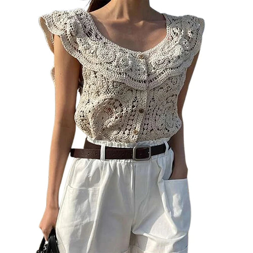 Load image into Gallery viewer, Crochet Crop Top Women Summer Clothes Cutout V Neck Fly Sleeve Buttons T Shirt Vest y2k Clothing Beach Streetwear
