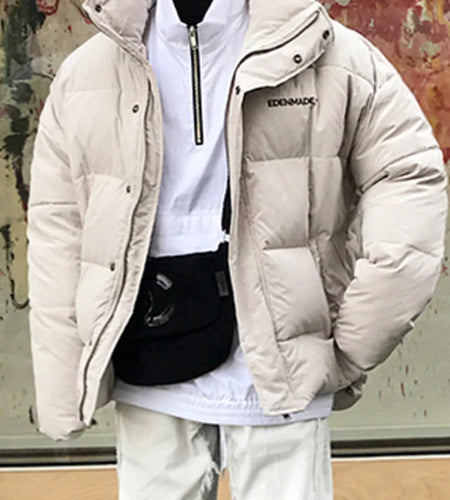 Korean Style Men's Parkas Stand Collar Thickened Letter Printing Casual Padded Jackets Loose Contrast Color Coats 9C8983