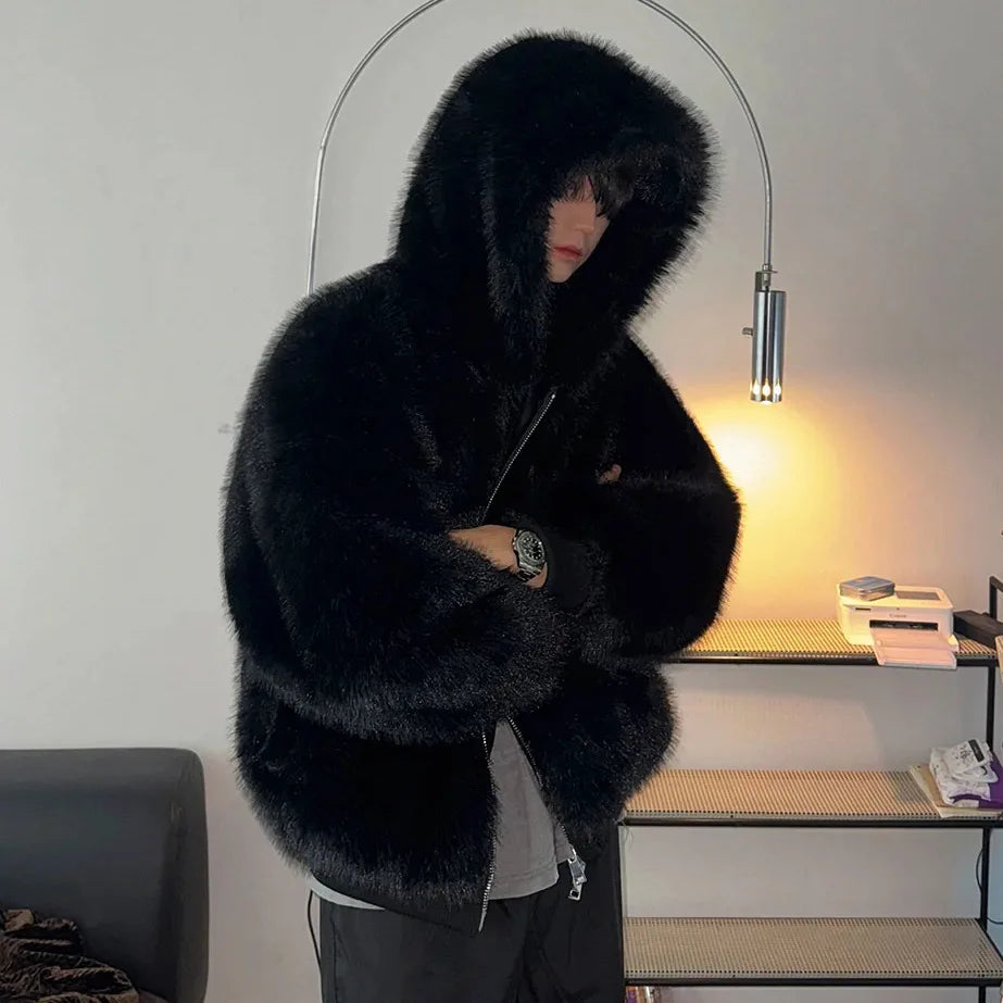 Men's Cotton Jacket Fake Fur Jackets New Male Loose Warm Solid Color Zipper Chic Korean Hooded Menwear Spring 9W1431