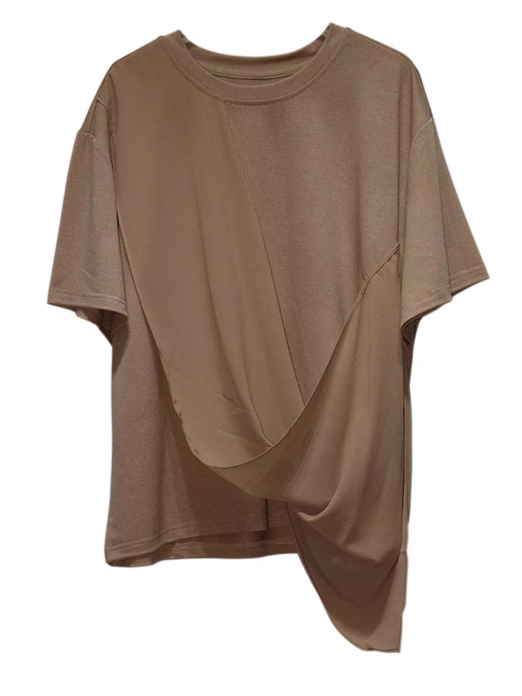 Women White Irregular Pleated Big Size Casual T-shirt New Round Neck Short Sleeve Fashion Tide Spring Summer 2025 1DJ0214