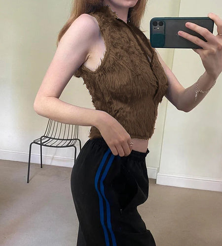 Fluffy Sleeveless Faux Fur Jacket Short Brown Vintage Fashion Y2K Bodycon Vest Jacket Zip-Up Coat Autumn Warm Outwear