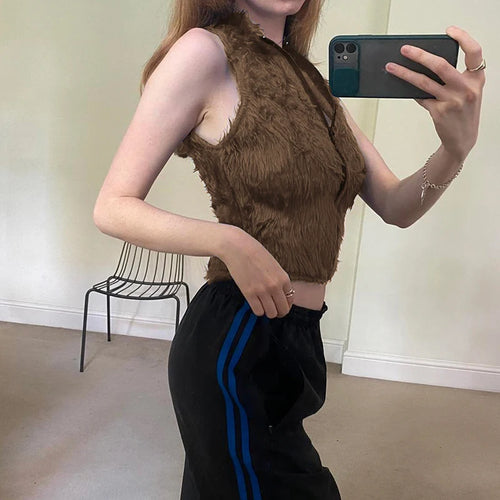 Load image into Gallery viewer, Fluffy Sleeveless Faux Fur Jacket Short Brown Vintage Fashion Y2K Bodycon Vest Jacket Zip-Up Coat Autumn Warm Outwear
