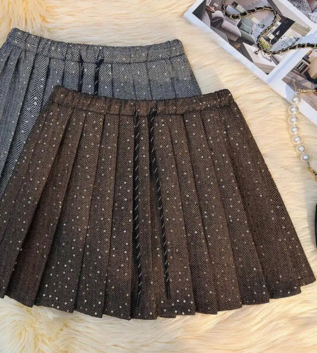 French Vintage Women Brown Sequin Elegant High Waist Versatile Short Skirt 2024 Autumn Winter Grey Pleated Half Mini Skirt Trend