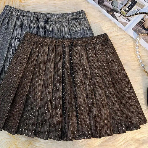 Load image into Gallery viewer, French Vintage Women Brown Sequin Elegant High Waist Versatile Short Skirt 2024 Autumn Winter Grey Pleated Half Mini Skirt Trend
