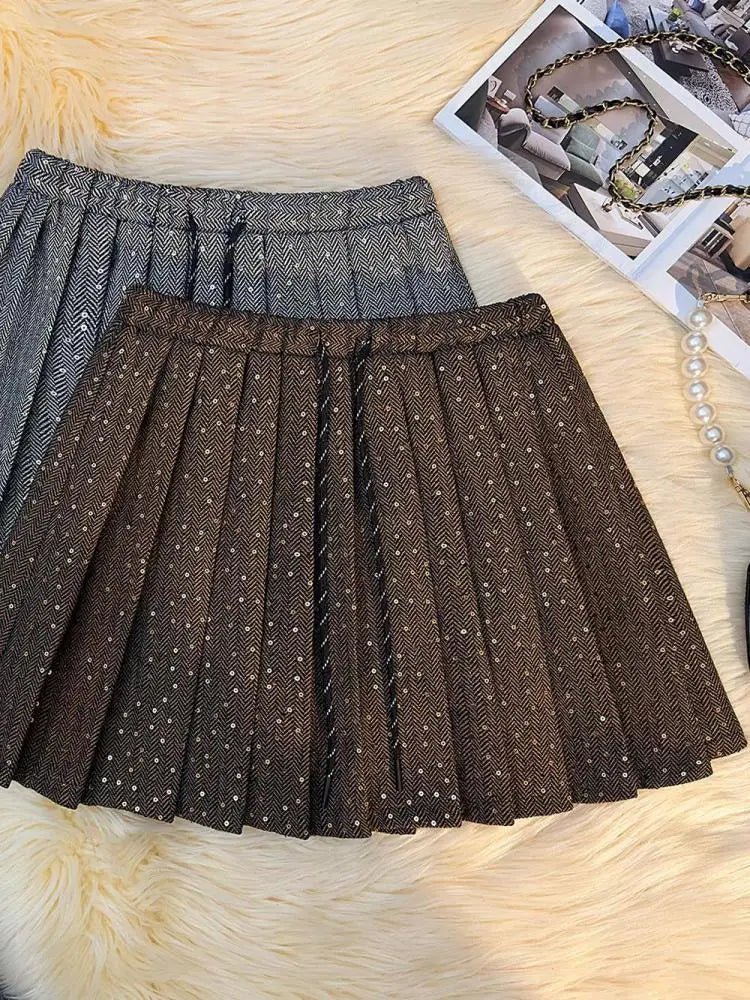 French Vintage Women Brown Sequin Elegant High Waist Versatile Short Skirt 2024 Autumn Winter Grey Pleated Half Mini Skirt Trend