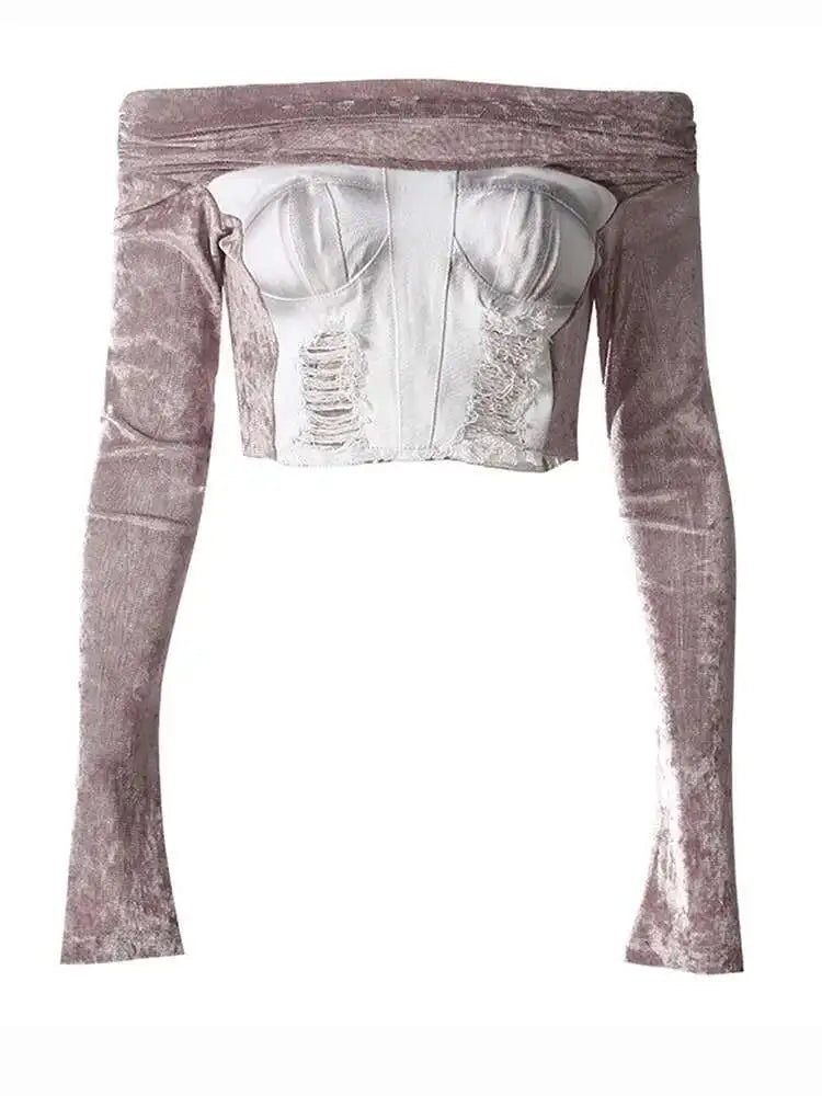 Velvet Denim T-shirt Half-body Skirt Two Pieces Suit New Slash Neck Long Sleeve Women Fashion Spring Autumn 2025 7AB6039