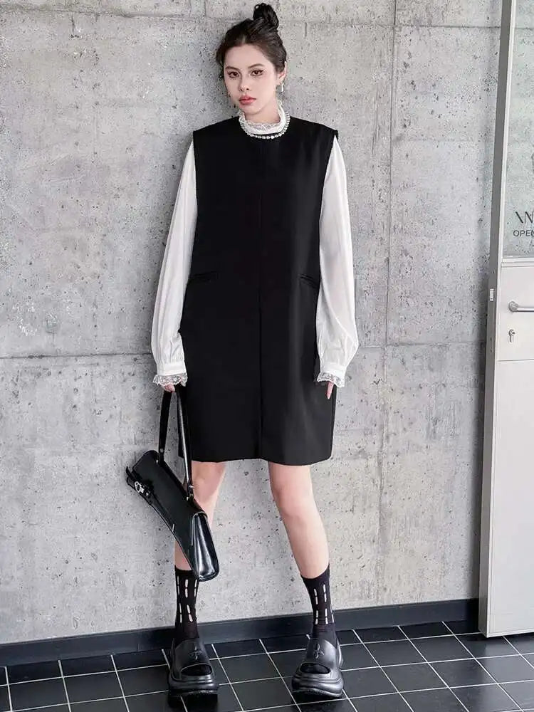 Women Black Brief Elegant Zipper Big Size Mini Dress New Round Neck Sleeveless Fashion Tide Spring Autumn 2025 1DH9820