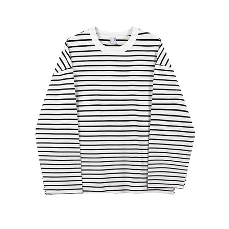 Korean Style Men's T-shirts Round Collar Striped Long Sleeve Contrast Color Causal Tops Pullover Male Loose Tee 2024 9C8986