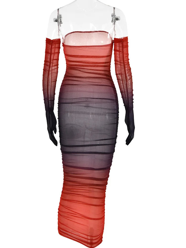 Mesh Gradient Patch Women's Dress Modified Bodycon Strapless Split Double Layer Midi Vesidos Party Club Evening Dress