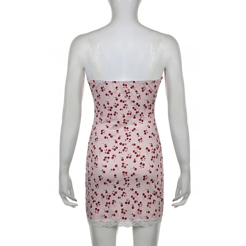 Sweet Cherry Print Pink Summer Mini Dress Bodycon Y2K Lace Trim Coquette Clothes Women Dresses Bow Cutecore Sundress
