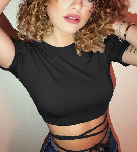 2024 Summer Women Black Short T-Shirts Sexy Crop Tops Short Sleeve Bandage Tee Tops Female Shirts