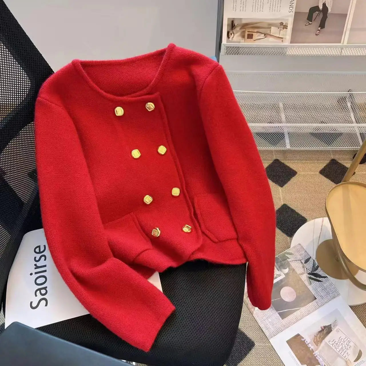 Autumn Winter Red White Long Sleeves Knitted Sweater French Women's Elegant Brown Double Breasted Versatile Pullover Tops Street