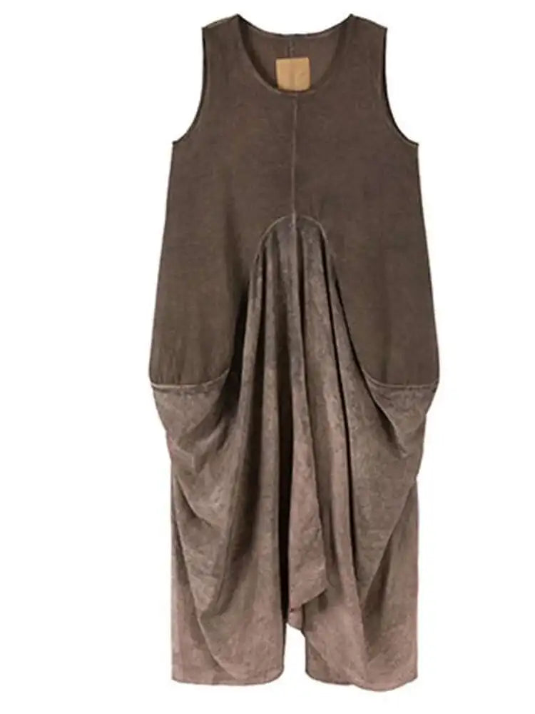 Women Orange Pleated Vintage Casual Dress New Round Neck Sleeveless Loose Fit Fashion Tide Spring Summer 2025 1DF6825