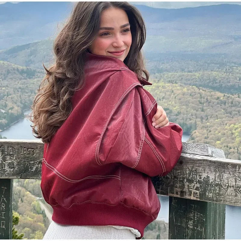 Autumn Women's Zipper Leather Bomber Jackets Casual Striped Coats Chic Lapel Loose Long Sleeve Motorcycle Outwear Top