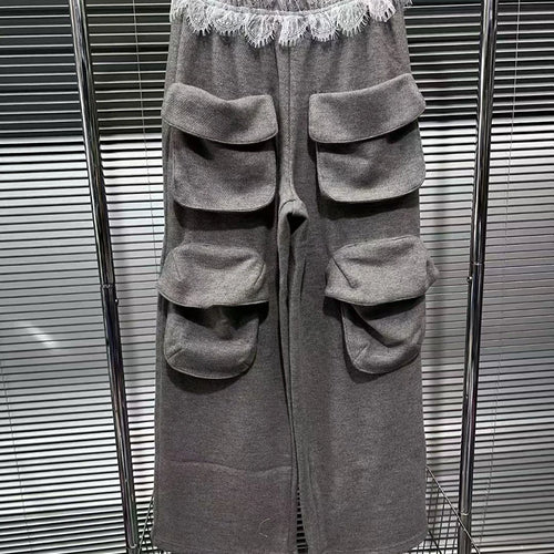 Load image into Gallery viewer, Loose Spliced Pockets Casual Pants for Women High Waist Patchwork Lace Fashion Wide Leg Pant Female Clothing New
