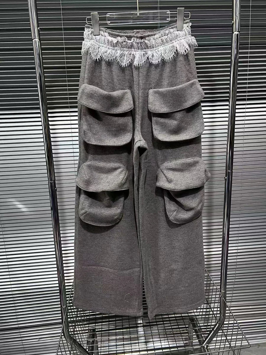 Loose Spliced Pockets Casual Pants for Women High Waist Patchwork Lace Fashion Wide Leg Pant Female Clothing New