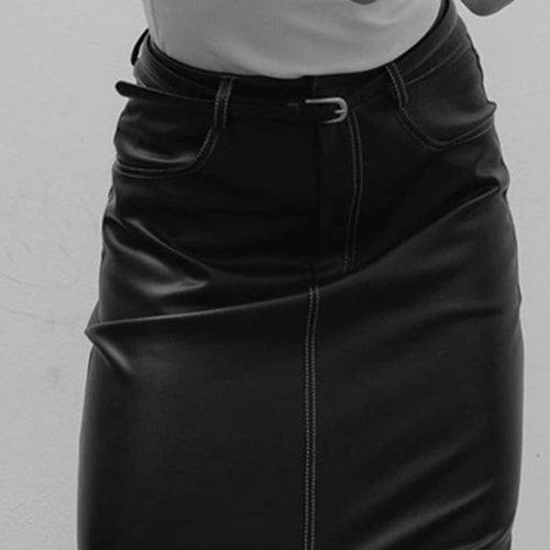 Load image into Gallery viewer, Solid Slimming Temperament Leather Skirts For Women High Waist Spliced Pockets Split Hem Skirt Female Fashion
