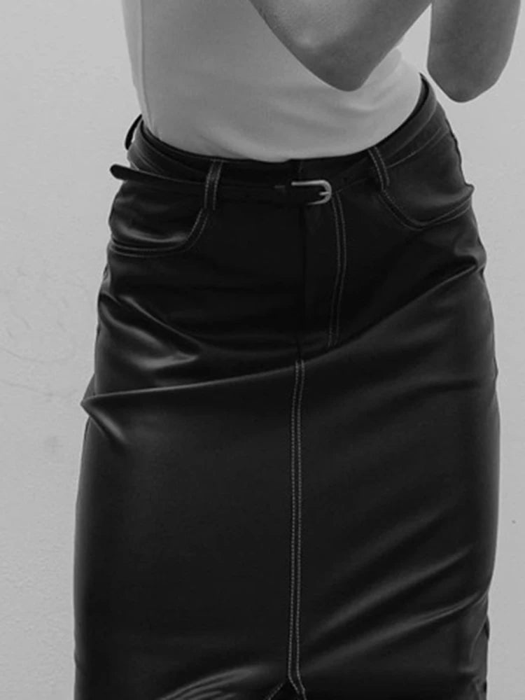 Solid Slimming Temperament Leather Skirts For Women High Waist Spliced Pockets Split Hem Skirt Female Fashion