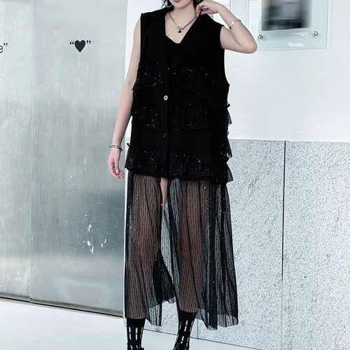 Load image into Gallery viewer, Women Black Singles Breasted Mesh Big Size Midi Vest Dress New Lapel Sleeveless Fashion Tide Spring Autumn 2025 1DJ1041
