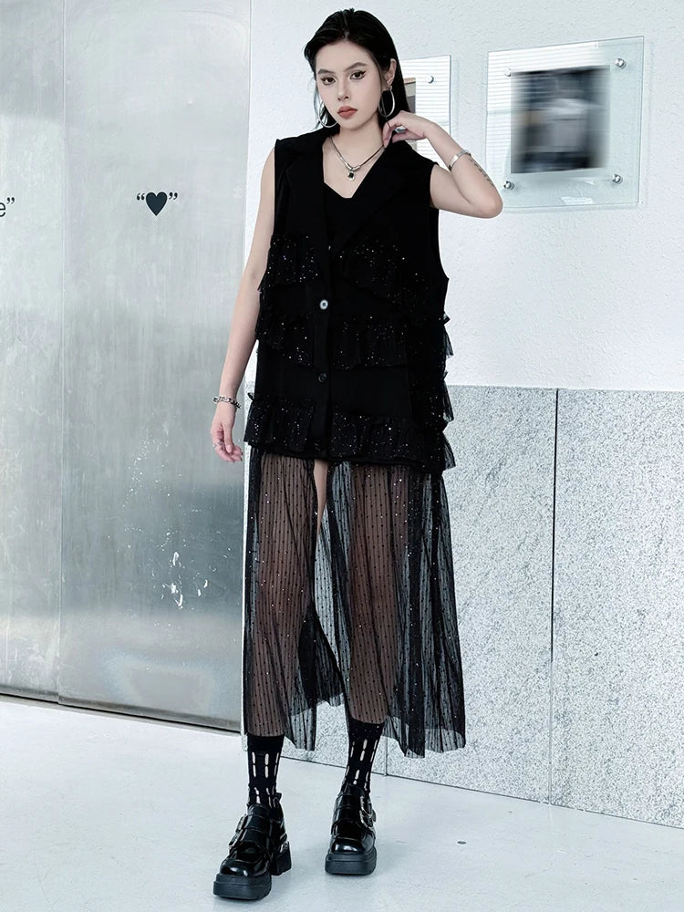 Women Black Singles Breasted Mesh Big Size Midi Vest Dress New Lapel Sleeveless Fashion Tide Spring Autumn 2025 1DJ1041