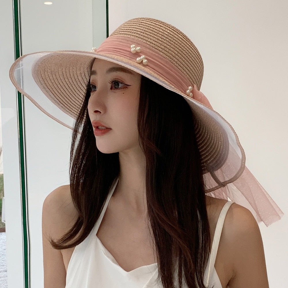 Women's Summer Hat Fashion Wave Mesh Pearl Design Straw Sun Hat Female Travel  Beach Bucket Hat