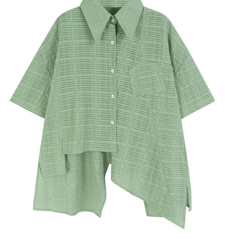 Women Green Irregular Hollow Out Big Size Blouse New Lapel Short Sleeve Shirt Fashion Tide Spring Summer 2025 1DJ1107
