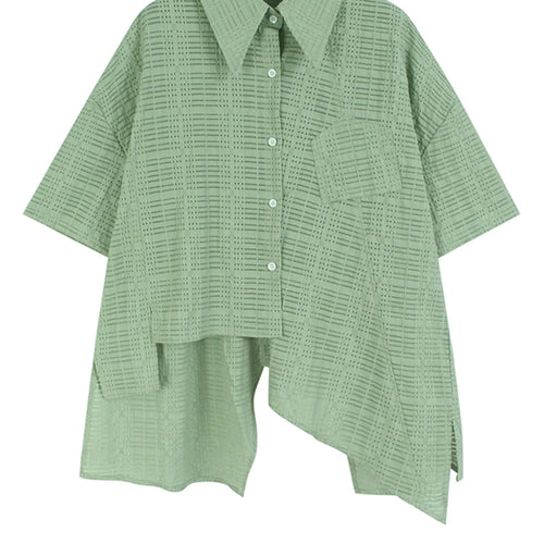 Load image into Gallery viewer, Women Green Irregular Hollow Out Big Size Blouse New Lapel Short Sleeve Shirt Fashion Tide Spring Summer 2025 1DJ1107
