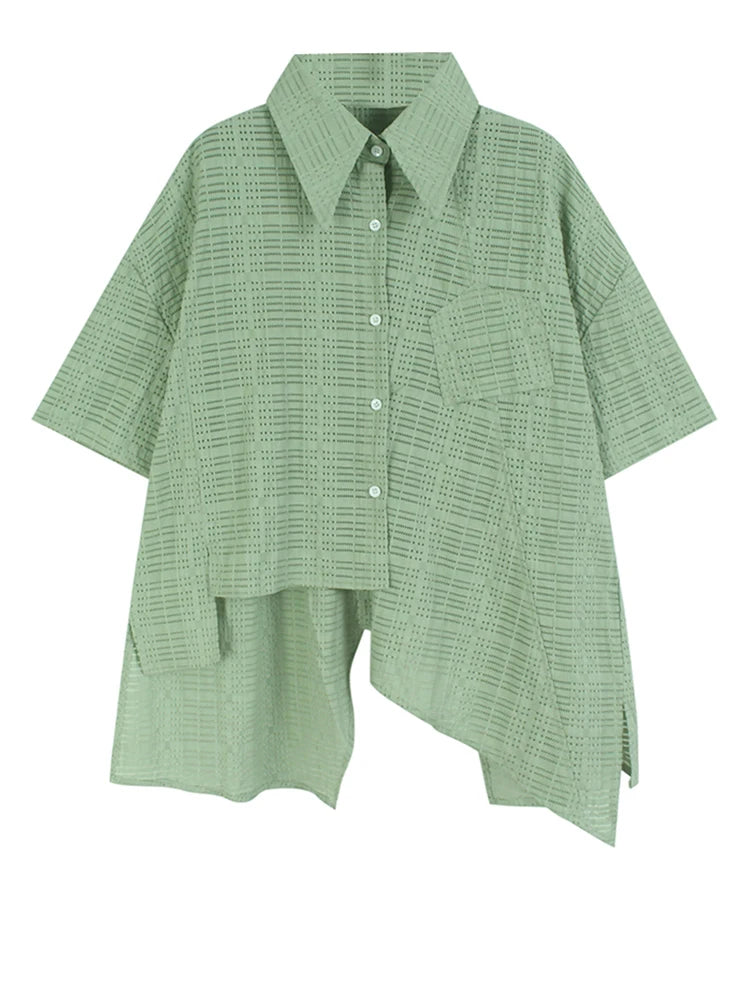 Women Green Irregular Hollow Out Big Size Blouse New Lapel Short Sleeve Shirt Fashion Tide Spring Summer 2025 1DJ1107