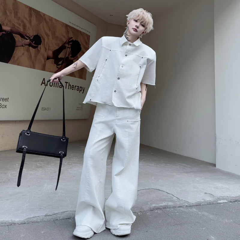 Men's Pants Set New Summer Fringed Zipper Short Sleeved Single Breasted Trendy Solid Color Denim Pants Menwear 9W1799