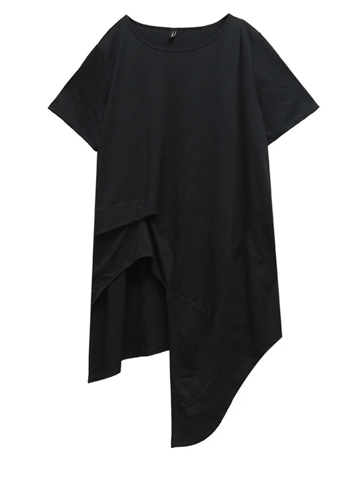 Women White Irregular Hem Big Size Casual Long T-shirt New Round Neck Short Sleeve Fashion Tide Spring Summer 2025 1DJ1802