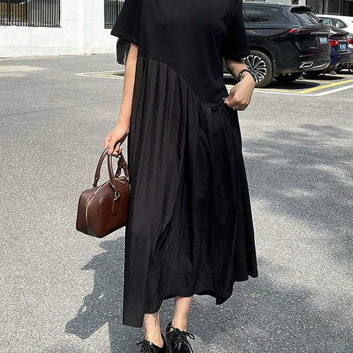 Load image into Gallery viewer, Women Black Irregular Pleated Big Size Midi Dress New Round Neck Short Sleeve Fashion Tide Spring Summer 2025 1DJ0851
