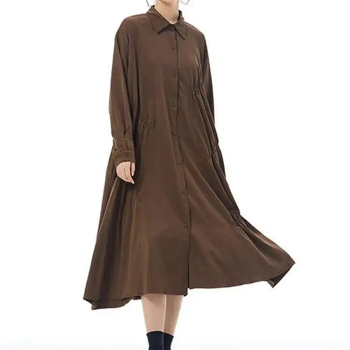 Load image into Gallery viewer, Women Coffee Pleated Spliced Big Size Midi Shirt Dress New Lapel Long Sleeve Fashion Tide Spring Autumn 2025 1DH7416

