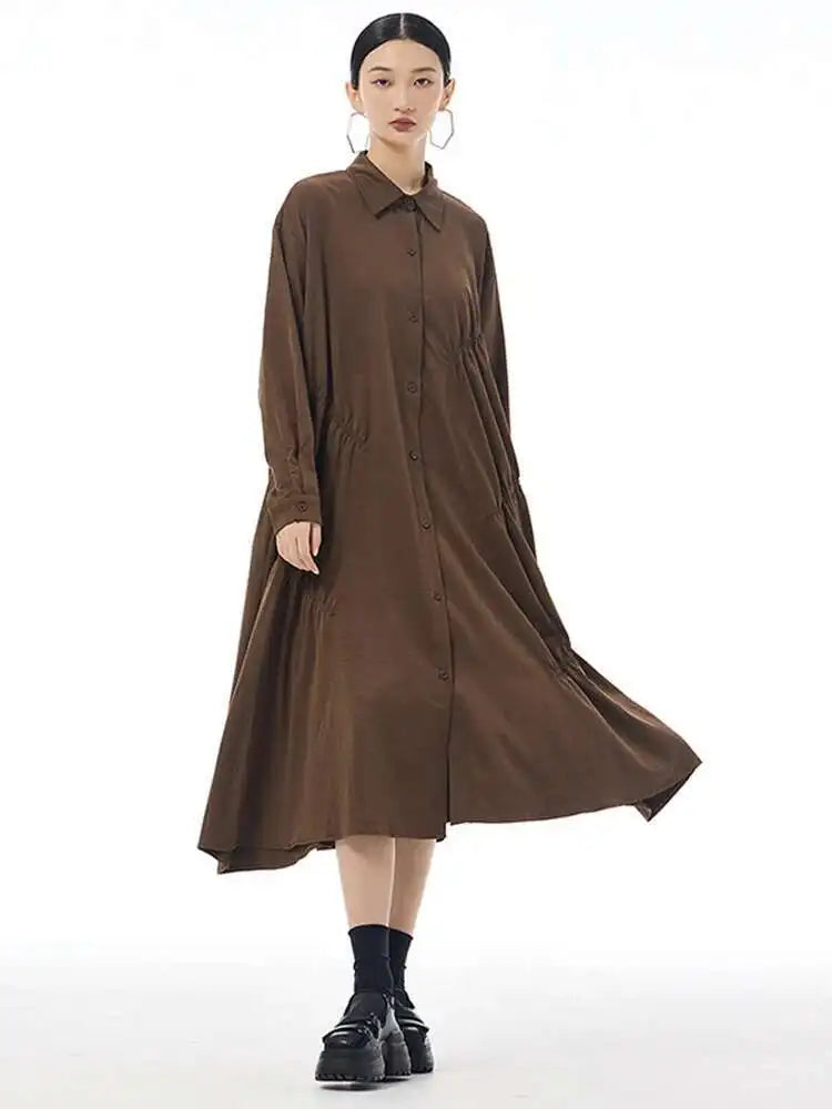 Women Coffee Pleated Spliced Big Size Midi Shirt Dress New Lapel Long Sleeve Fashion Tide Spring Autumn 2025 1DH7416