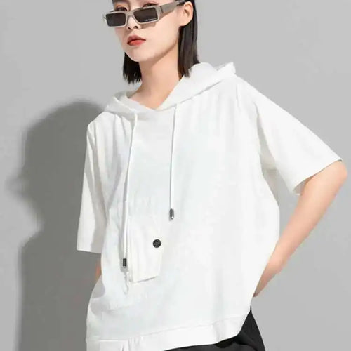 Load image into Gallery viewer, Women Black Color-block Big Size Drawstring T-shirt Hooded New Half Sleeve Loose Fit Fashion Spring Autumn 2025 1DF5304
