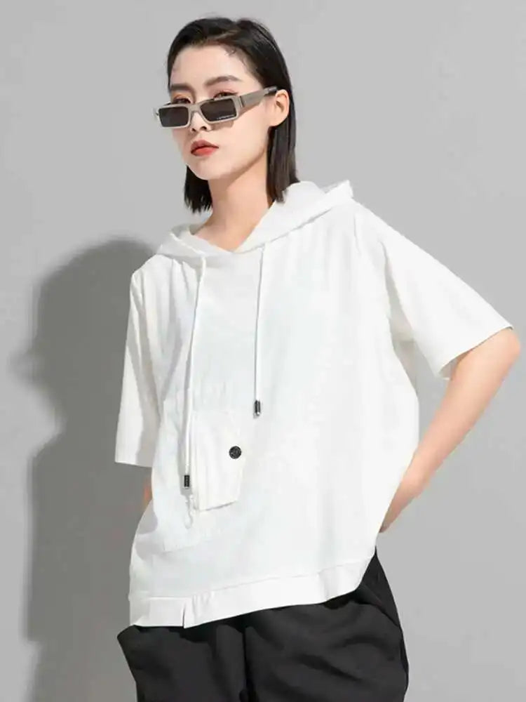 Women Black Color-block Big Size Drawstring T-shirt Hooded New Half Sleeve Loose Fit Fashion Spring Autumn 2025 1DF5304