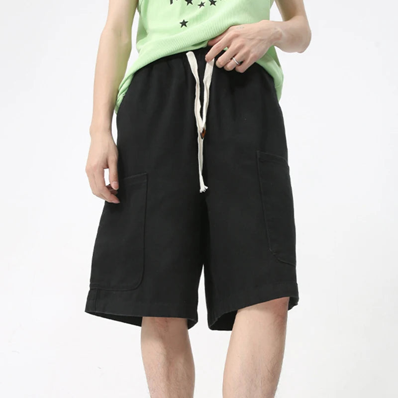 Men's Shorts Casual Lace Up Straight Leg Elastic Waist Design Trendy Versatile Cargo Pants Japanese Style 9C5830