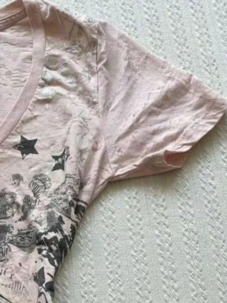 Women Vintage Print All Match Slim Waist Tees Streetwear Grunge V-neck Tops Y2k Aesthetic Casual T-Shirts Female Korean Harajuku
