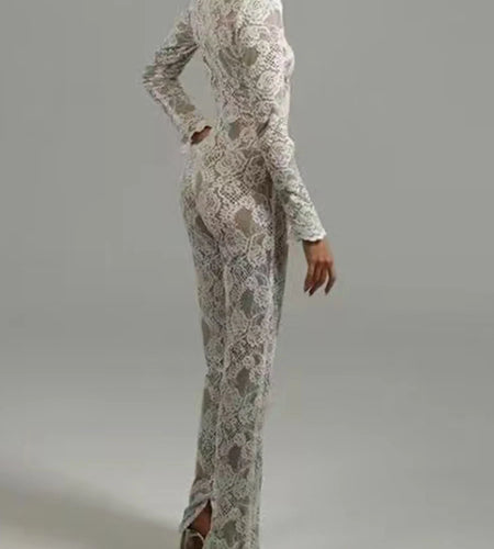 Solid Spliced Lace Up Lace Jumpsuits For Women O Neck Long Sleeve High Waist Temperament Jumposuit Female Fashion