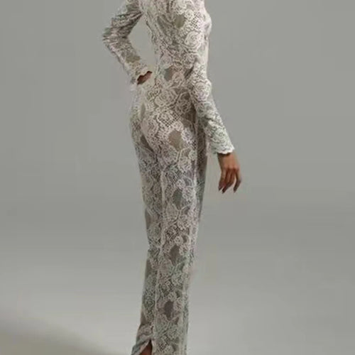 Load image into Gallery viewer, Solid Spliced Lace Up Lace Jumpsuits For Women O Neck Long Sleeve High Waist Temperament Jumposuit Female Fashion
