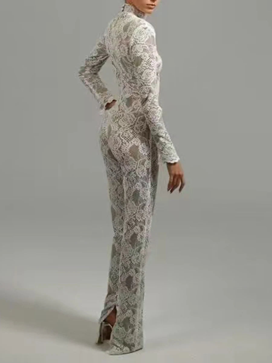 Solid Spliced Lace Up Lace Jumpsuits For Women O Neck Long Sleeve High Waist Temperament Jumposuit Female Fashion