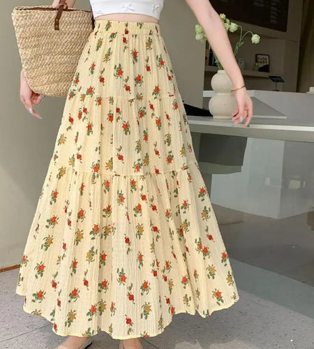 Spring Summer French Fashion Yellow Floral Elegant Pleated Long Skirt Women Elastic High Waist Party Skirts New Ladies Bohemian